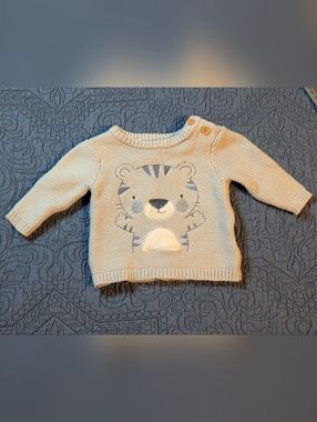 René Rofé Baby Tiger Knit Sweater 0-3 Months Blue Button Shoulder Cute (G1-H)